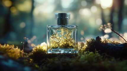 glass perfume bottle with moss and bark inside is set in forest, capturing essence of nature with sunlight filtering through trees