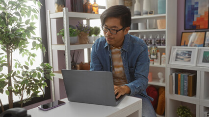 Young chinese man working on a laptop in a well-decorated home decor store with plants, art, and...