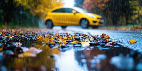 Fototapeta premium Yellow Car on Wet Road