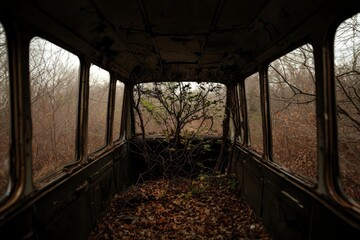 Fototapeta premium Bus interior overgrown with autumn leaves and branches, nature reclaims travel