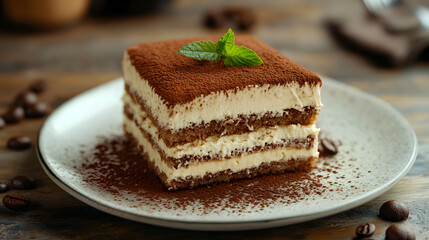 slice of traditional Italian tiramisu with cocoa dusting and mint garnish sits on plate, showcasing its creamy layers and rich texture