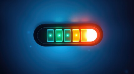 Illuminated indicator with segmented LED lights displaying status level on a dark gradient background.