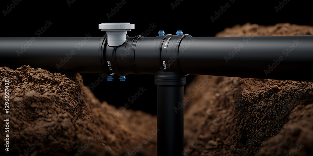 Poster dark industrial piping system with multiple connection points, displayed against a background of ear