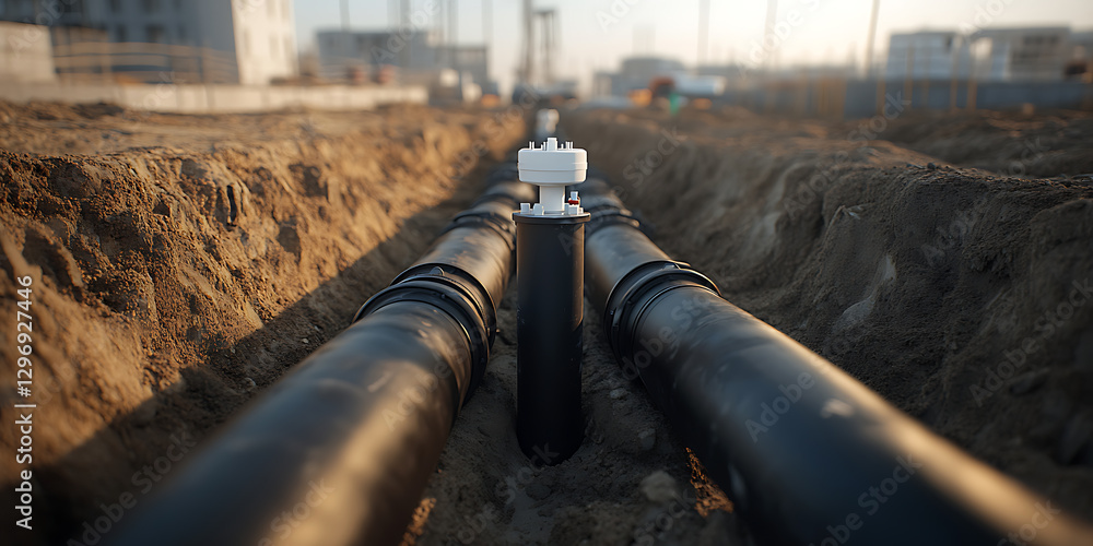 Poster pipeline construction: pipes laid in trench with monitoring sensor, ensuring utility infrastructure 