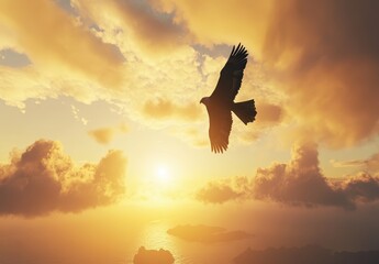 Fototapeta premium Majestic bird soaring through golden sky with clouds at sunset, capturing the essence of freedom and beauty in nature's breathtaking landscape