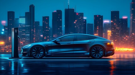 Sleek Electric Car at Charging Station in Modern Cityscape – Generative AI