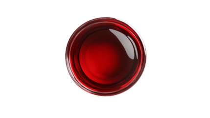 Glass of red wine with rich ruby tones and light reflections, elegant dining concept, isolated on white background, PNG format, top view