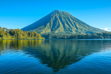 Volcanic mountain in morning light reflected in calm waters of lake.