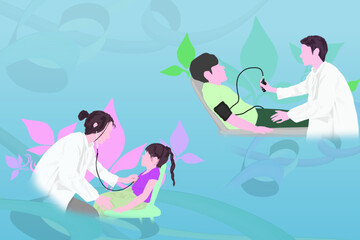 pediatrician and male doctor are examining their patient with colorful abstract background