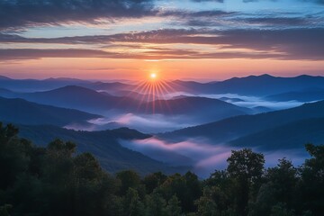 Fototapeta premium Majestic Sunrise Over Misty Blue Ridge Mountains Scenic Landscape Breathtaking View Nature Photography Amazing Dawn Golden Hour Peaceful Tranquil 