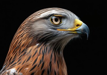 Fototapeta premium Majestic Close-Up of a Red-Tailed Hawk with Intricate Feather Detail and Intense Gazing Eyes Set Against a Dark Background