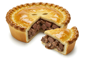 Savory pie with a golden crust showcasing diced meat filling cut into slices on a clean surface