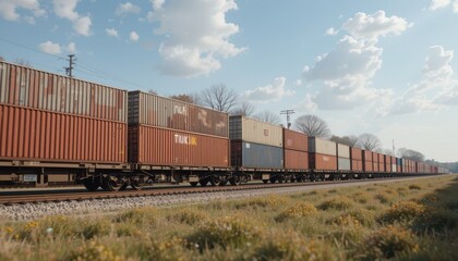 Obraz premium Freight train transporting cargo railroad tracks photography open landscape side view industrial logistics