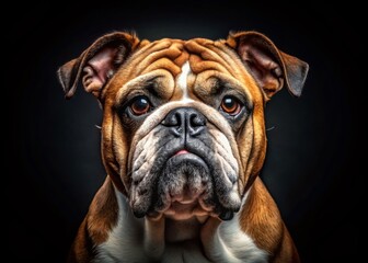 Fototapeta premium Vintage Bulldog Close-Up Portrait: Dramatic Dark Background Stock Photo