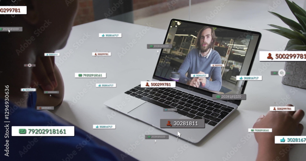 Poster contact numbers and user ids image over person image calling on laptop