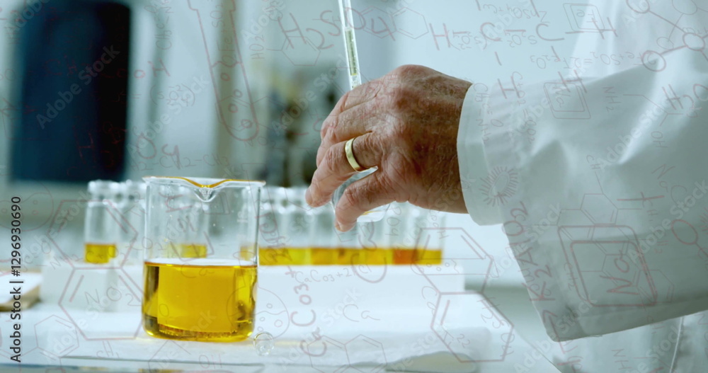 Poster pouring liquid into beaker, scientist working in lab with chemical formulas image