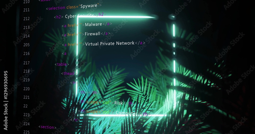 Poster neon square frame and coding image over tropical plants background