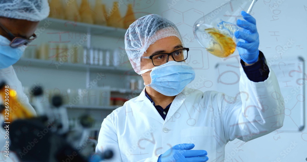 Aufkleber chemical formulas image over scientist examining liquid in laboratory flask