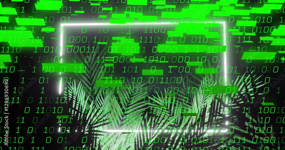 Poster binary code and data processing image over tropical palm leaves