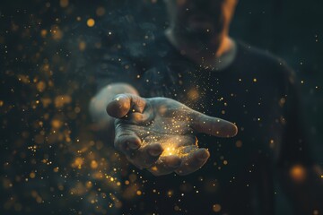 Fototapeta premium Mysterious man with glowing particles above hand on dark background