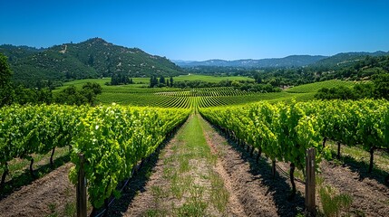 Naklejka premium Expansive Green Vineyard Under Clear Blue Skies – Generative AI