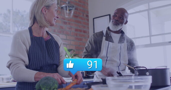 Cooking together in kitchen, social media likes image over scene