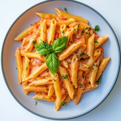 Creamy penne pasta alla vodka with basil on plate