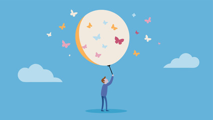 Thought Balloon Pop Depiction of a person popping a giant balloon marked with a negative thought releasing colorful butterflies that represent newfound freedom and positivity.
