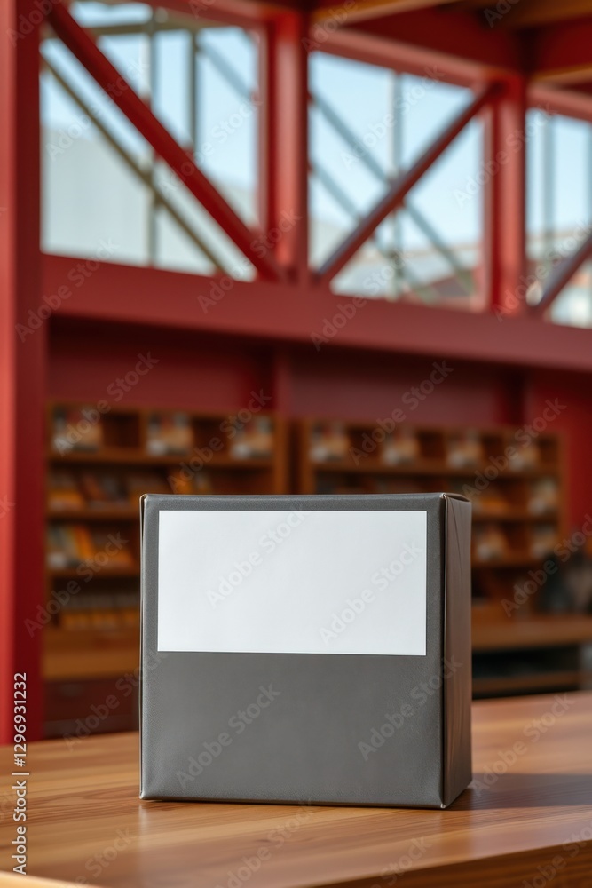 Poster a gray box sits on a wooden table in front of shelves and a red geometric structure in the backgroun