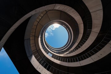 Fototapeta premium Captivating spiral structure leading to circular opening under natural lighting.