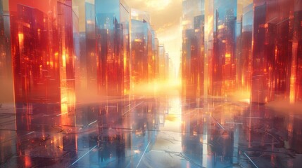 Futuristic skyline reflecting vibrant colors