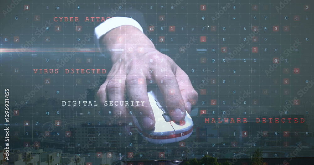Poster hand using computer mouse over cybersecurity threat detection image