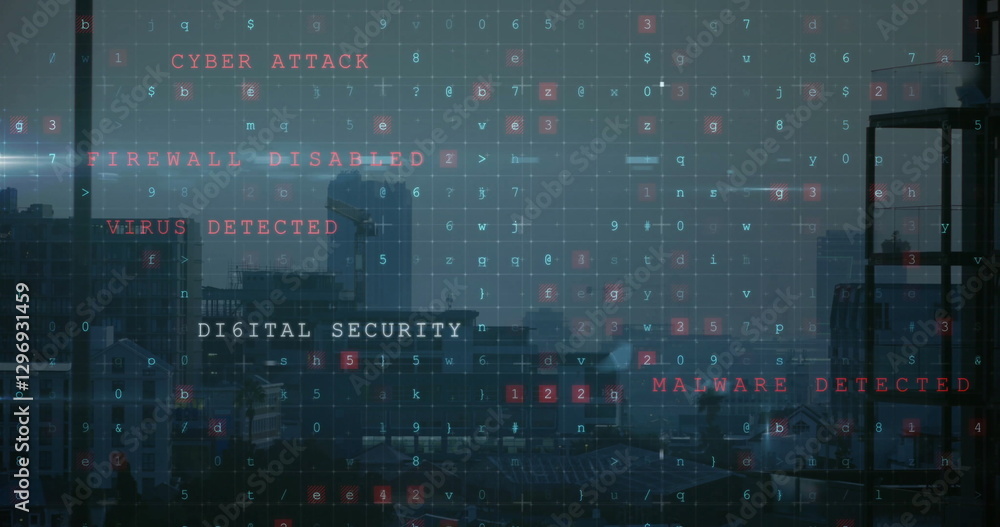 Poster cybersecurity threat detection image over cityscape with warning messages
