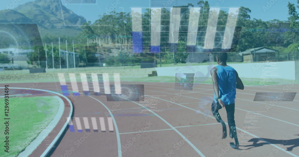 Poster running on track, athlete with data processing image over sports field