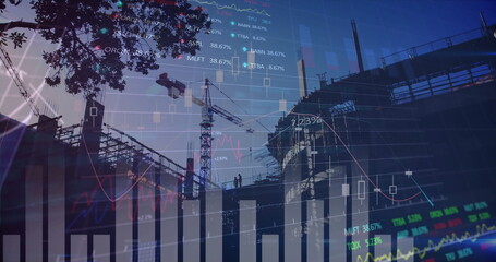 Construction site with cranes and stock market data image over blue sky