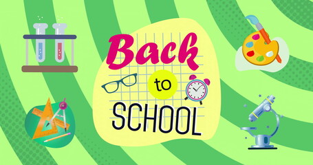 Back to school text image over colorful school supplies illustrations