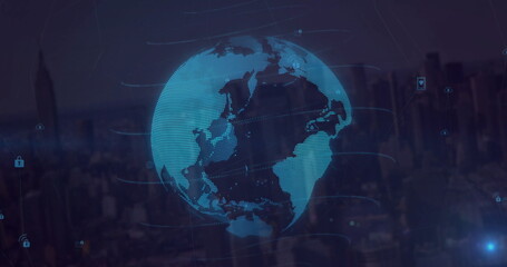 Rotating digital globe with data icons image over cityscape background