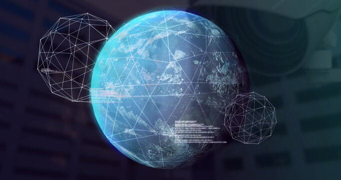 Digital network and data processing image over rotating Earth and geometric shapes