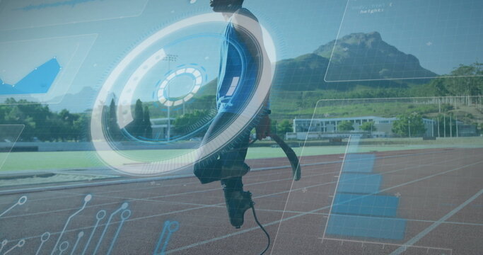 Digital interface image over athlete running on track with prosthetic leg