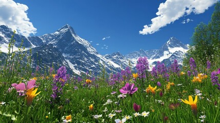 Fototapeta premium Breathtaking Alpine Meadow in Spring Bursting with Wildflowers