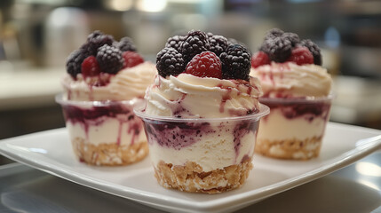 Delicious layered dessert with berries served in cups on a white plate at a cafe