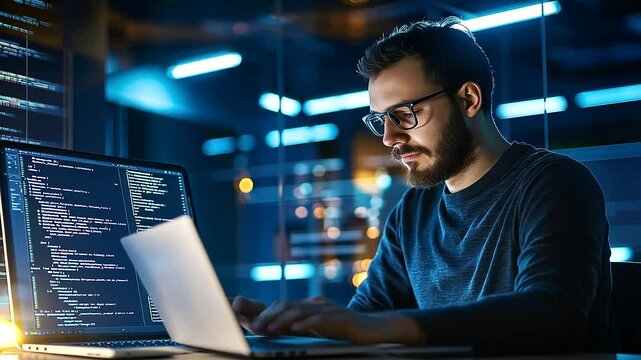 A software engineer utilizes AI tools while coding in a contemporary tech office setting.