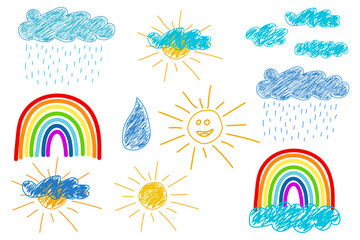Colorful doodle-style weather elements featuring the sun, rain, clouds, rainbows, and raindrops in a playful sketch design.