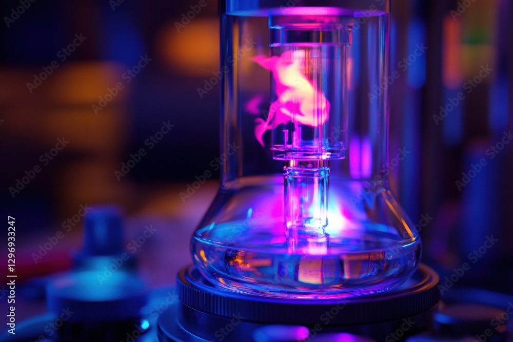 Aufkleber Exploring molecular details of transparent gas in laboratory beaker with vibrant illumination. Generative AI