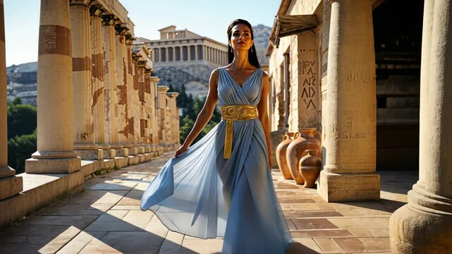Elegant Woman in Ancient Greek Setting with Historic Architecture