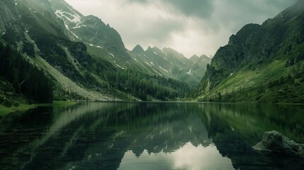 Fototapeta premium Stunning Mountain Landscape with Reflective Lake Under Natural Light