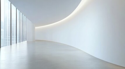 Obraz premium Modern curved corridor, city view, sunlight, interior design, architecture