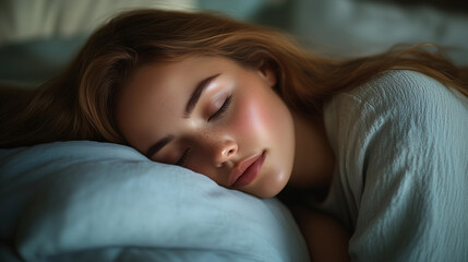 Young woman peacefully sleeping on soft pillows in a serene indoor setting during the early morning hours