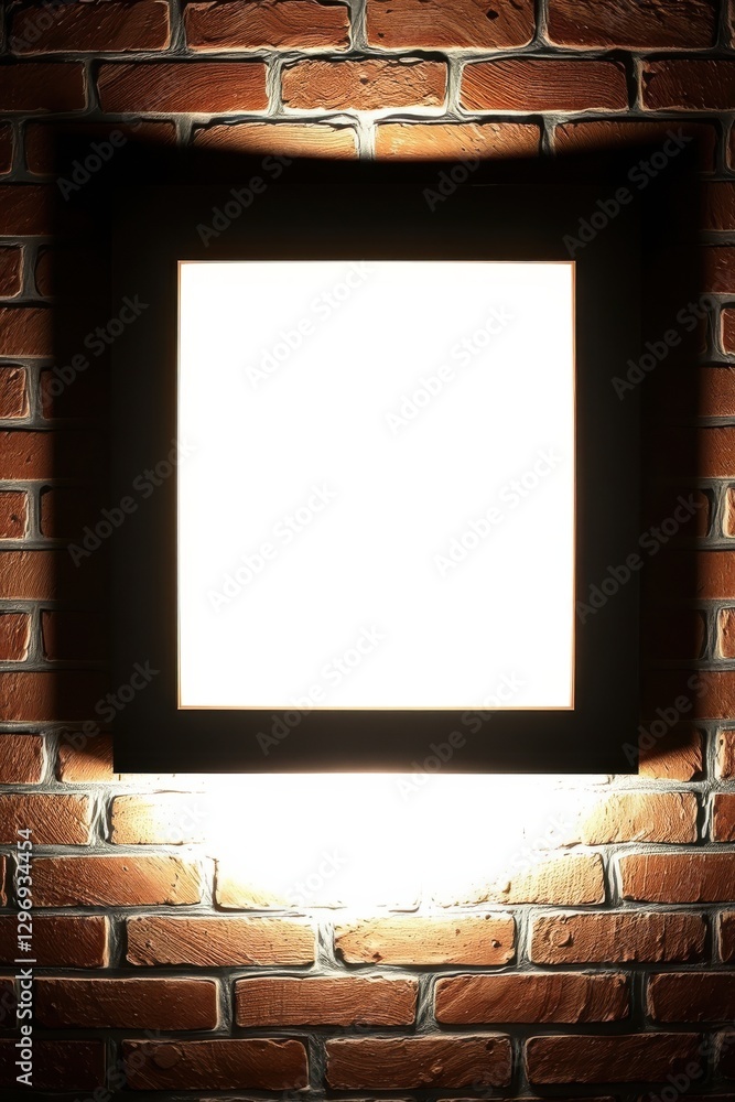 Poster illuminated frame on a brick wall creates a captivating focal point. a blend of rustic and modern de
