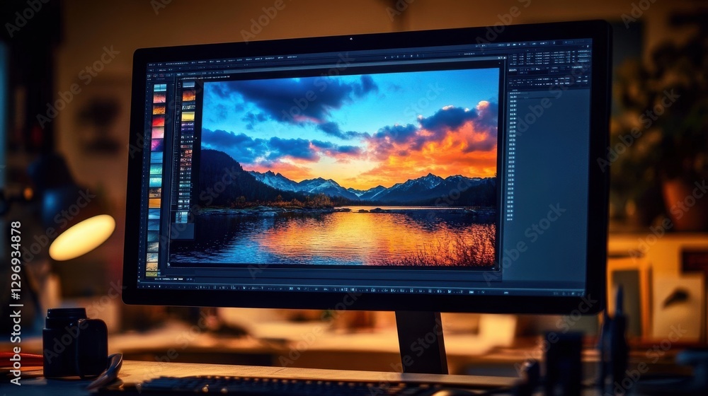 Poster minimalistic workspace with large monitor displaying artwork